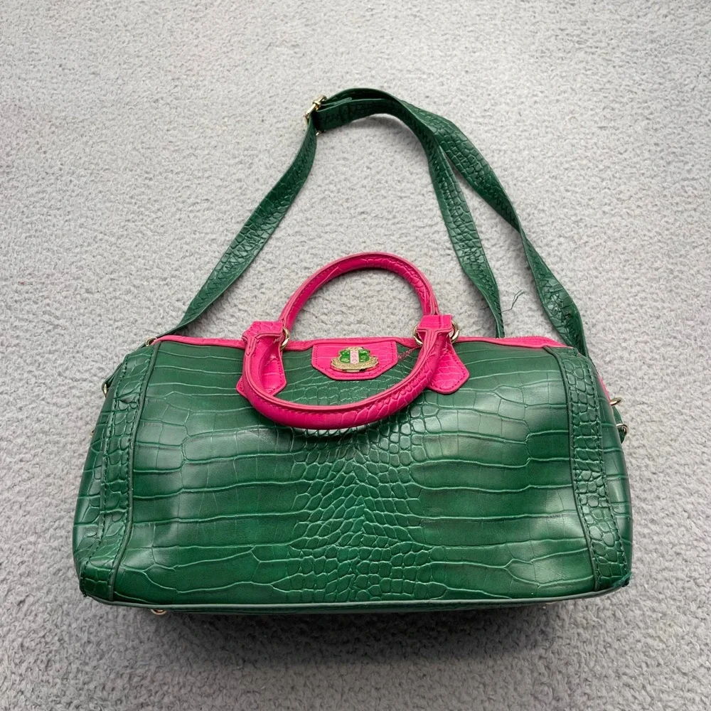 Alpha Kappa Alpha Sorority AKA Pink Green Croc Embossed Satchel Crossbody Bag